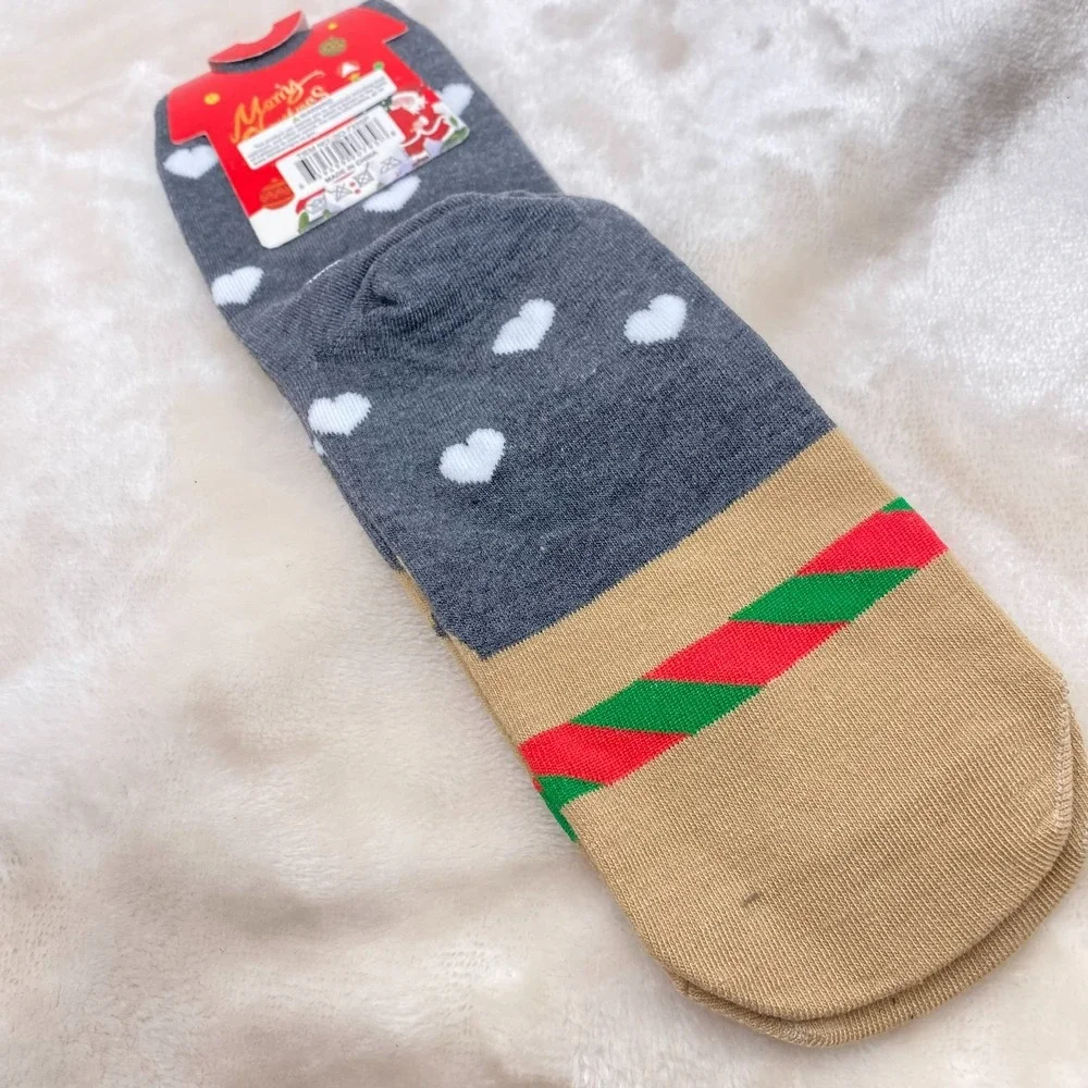Bear Christmas Socks Hearts Tan Blue Grey Novelty Holiday One Size NEW